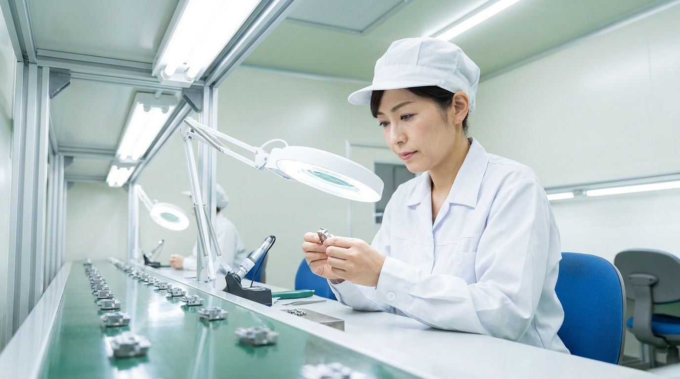40代女性が工場の検査ラインで作業するイメージ