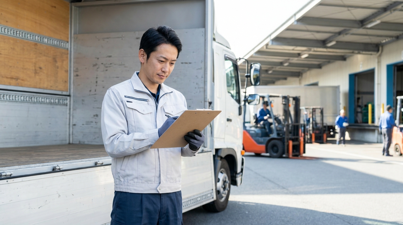 長距離トラックドライバーが書類を確認している実写風画像