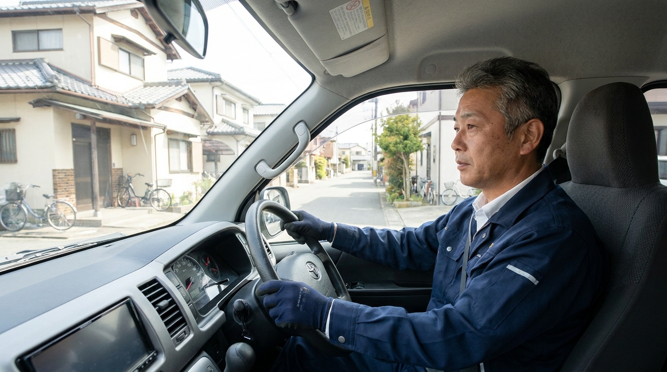 50代の男性ドライバーが送迎バスを運転している実写風画像