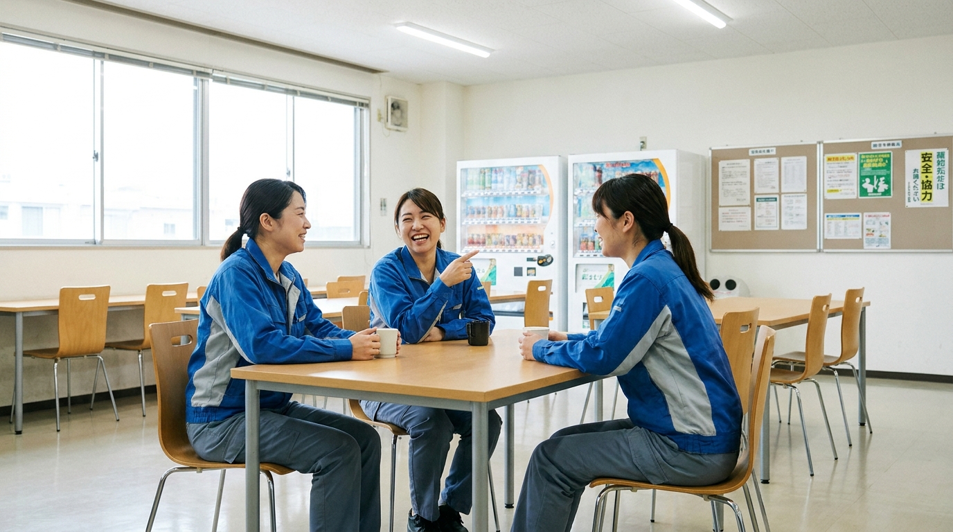 工場で笑顔で働く30代女性