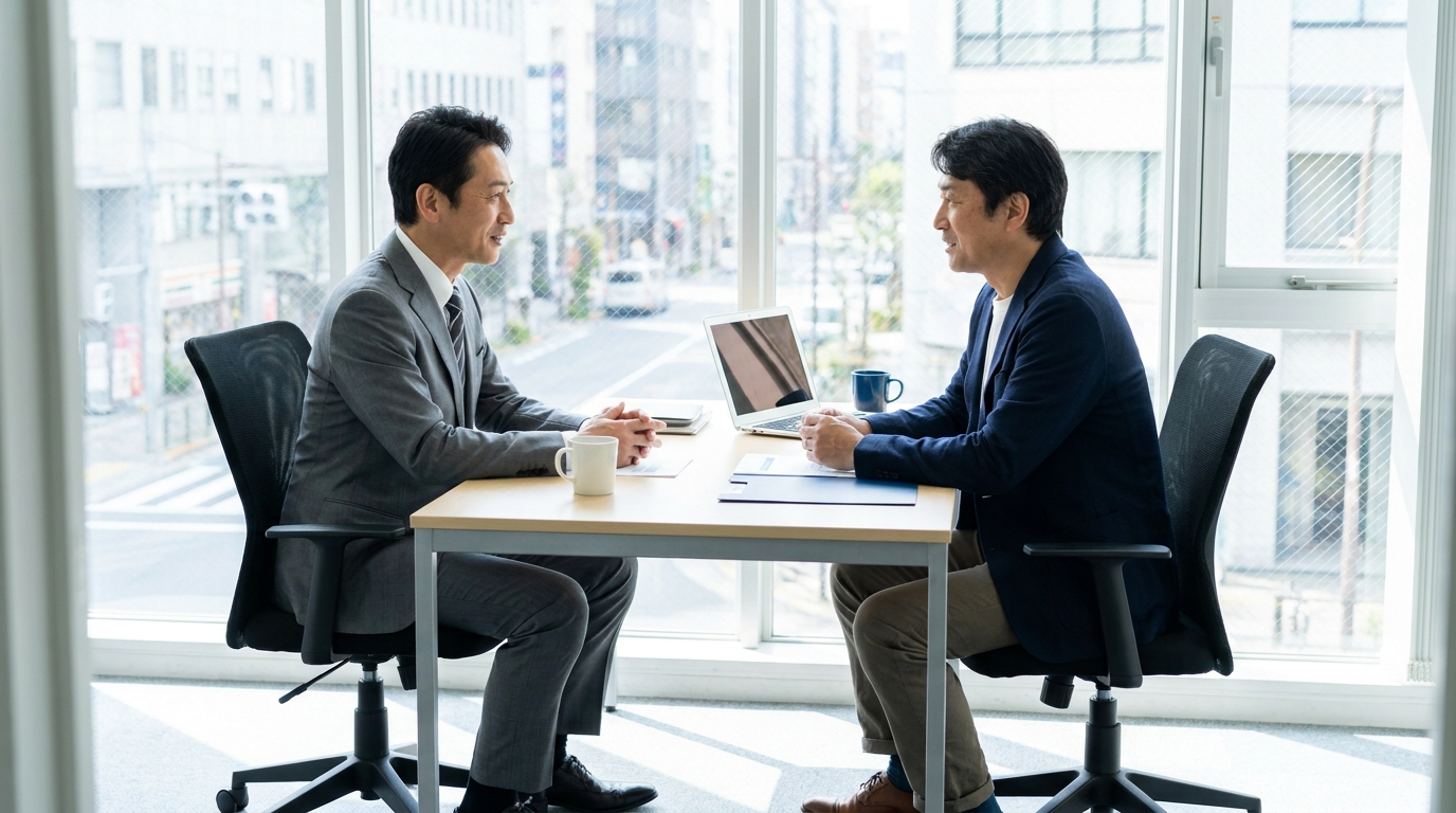 50代の男性が転職エージェントと面談している実写風画像