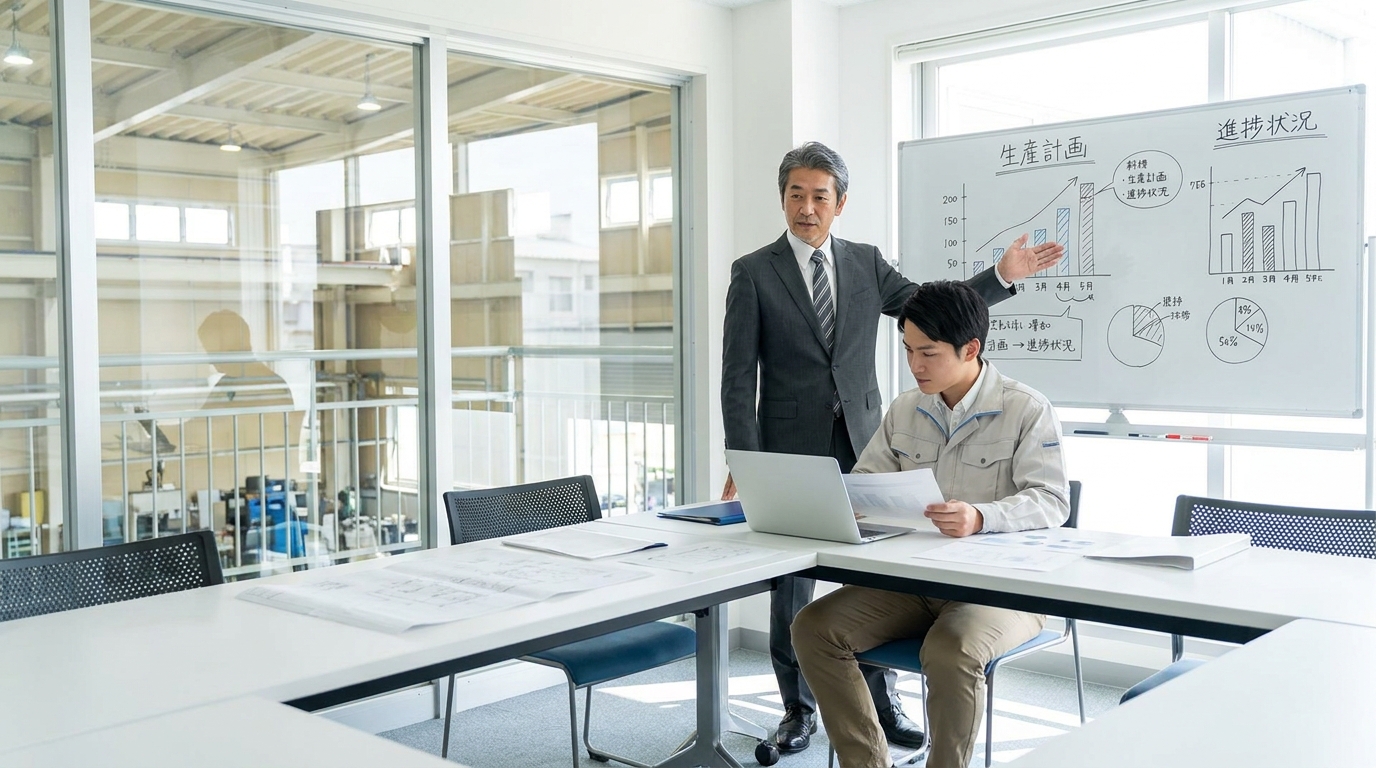 工場の生産管理を行う50代の男性が打ち合わせをしている様子
