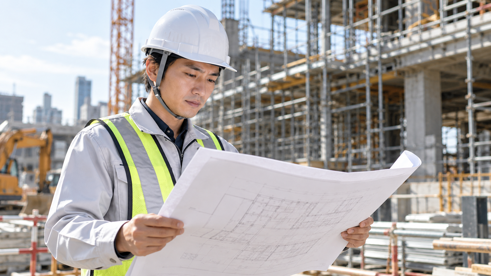 建設現場で図面を確認する施工管理の男性