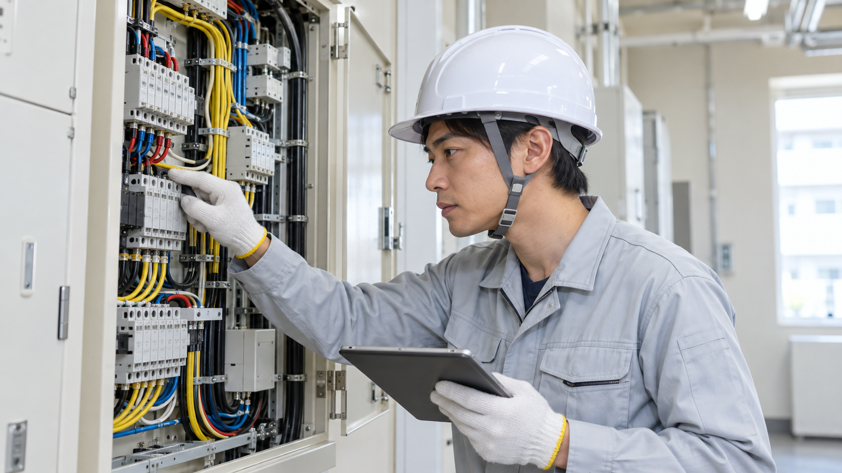 分電盤の配線を確認する電気工事士の男性