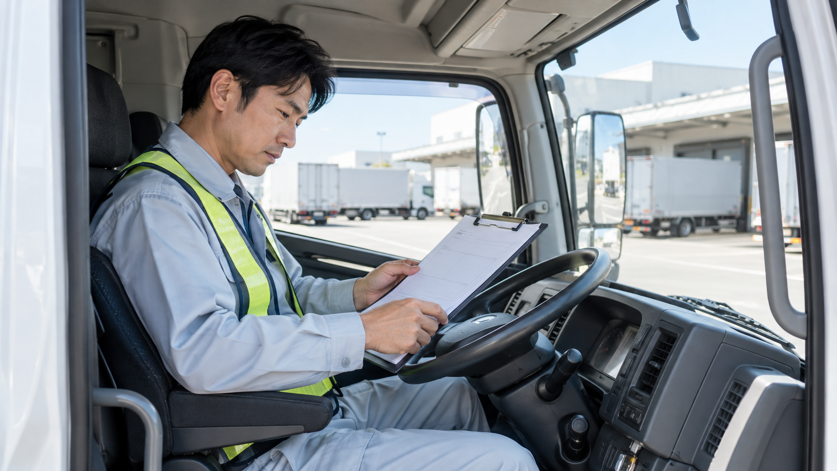大型トラックの運転席で運行計画を確認するドライバー