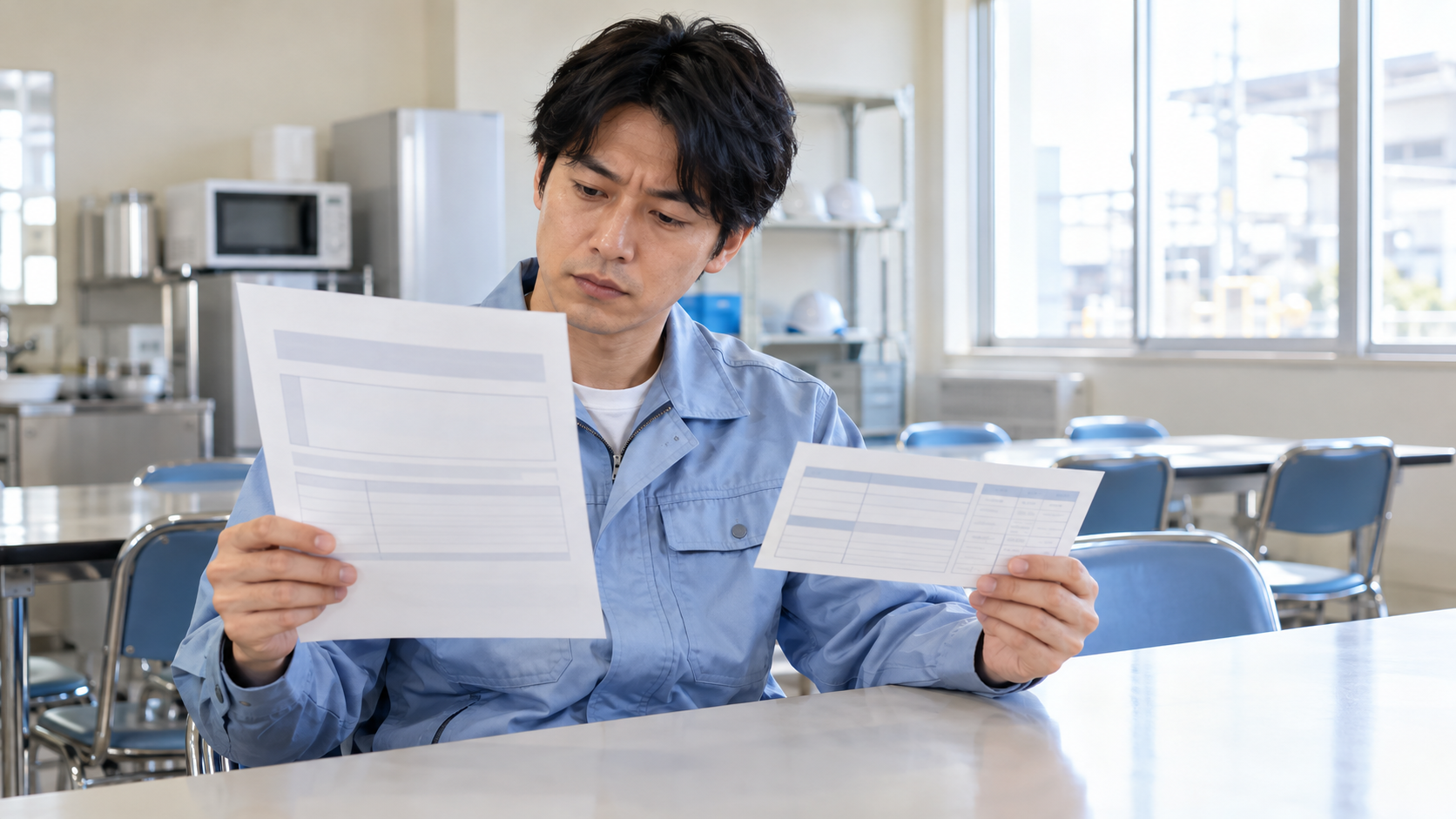 工場の休憩室で求人票と給与明細を見比べる作業服の日本人男性
