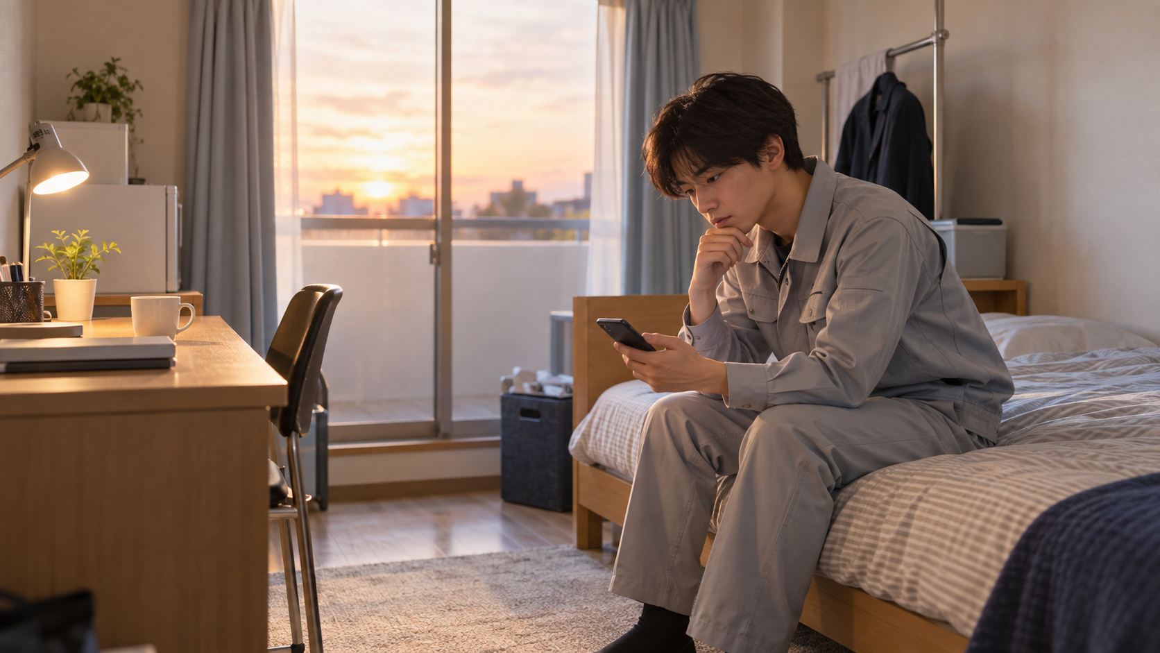 新卒で工場を辞めたいと悩み寮の部屋で考える若手社員