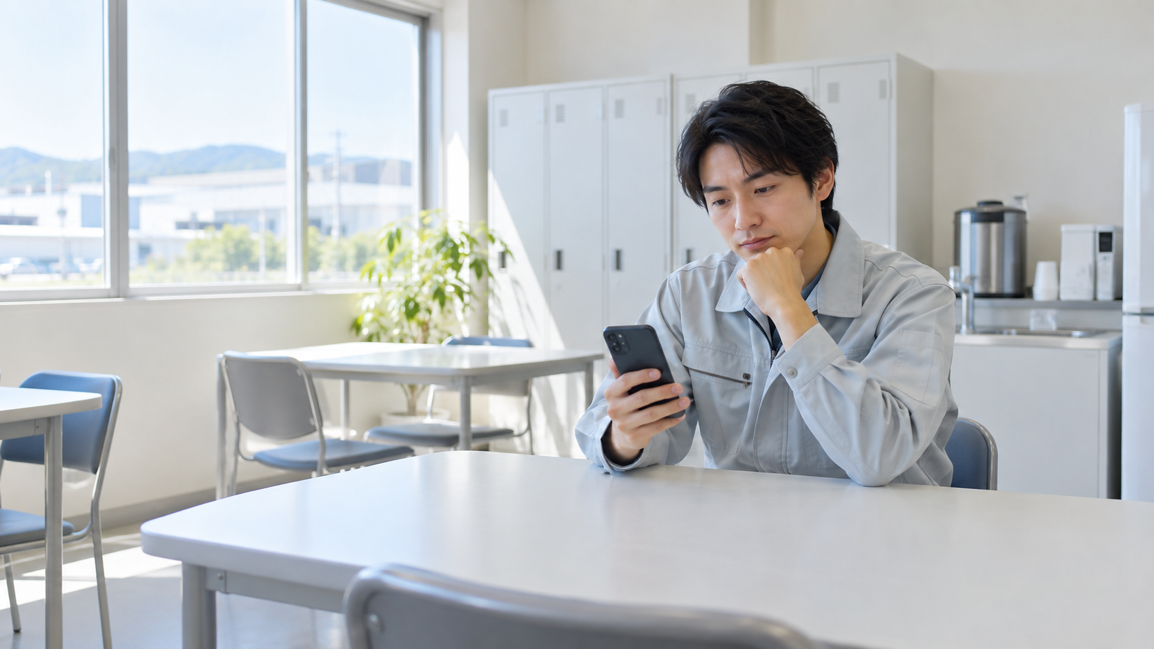 工場を辞めたい30歳の男性が休憩室で今後の働き方を考えている様子