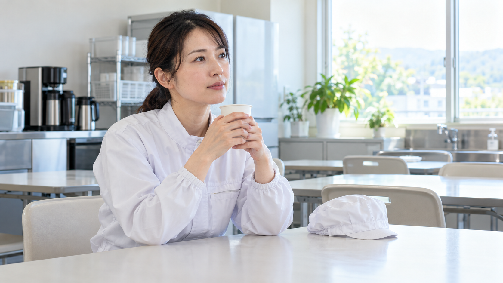 化粧品工場で働く女性が休憩室で今後の働き方について考えている様子