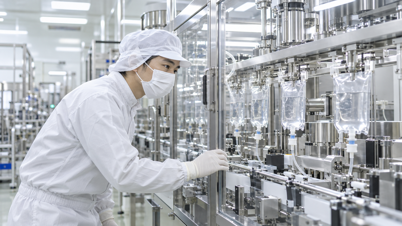 医薬品工場のクリーンな製造現場で作業する日本人の男性