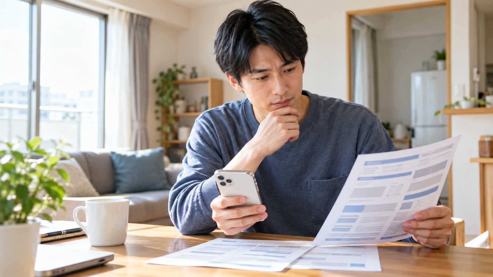 期間工の求人票を見比べて応募先を選ぶ男性