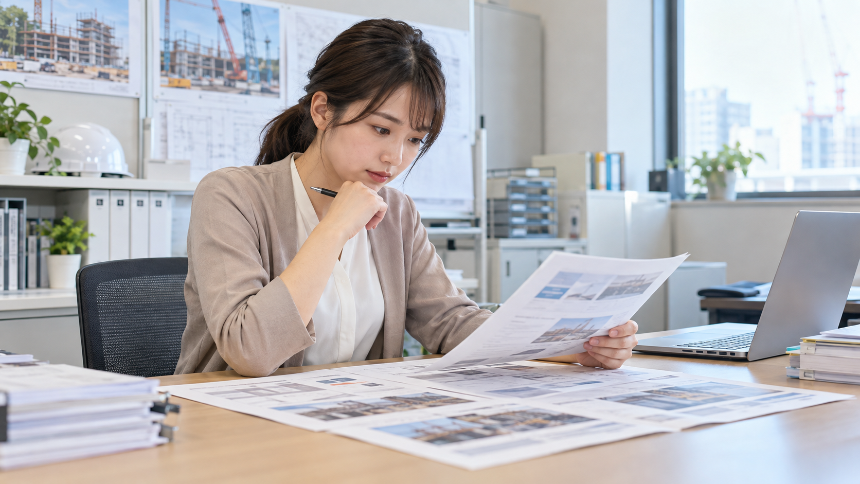 建設現場の事務所で求人票の条件を確認する未経験の女性のイメージ