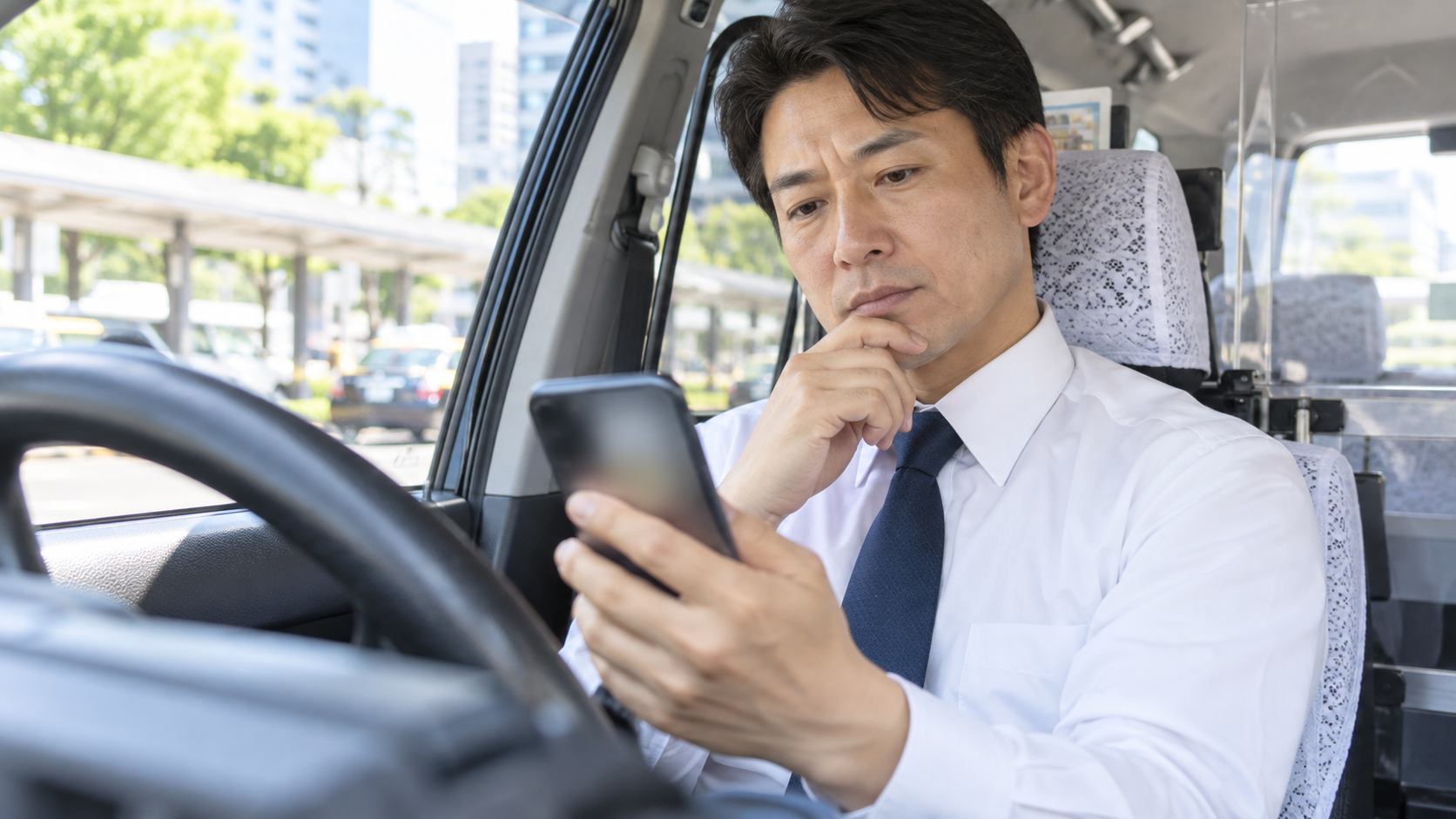 タクシー運転手が休憩中にスマートフォンで掲示板を見ている実写風画像