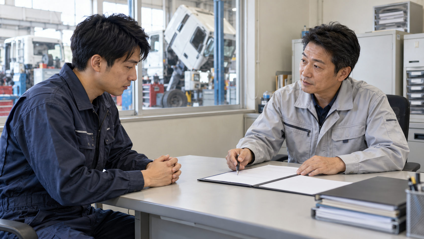 整備工場で整備士が上司と退職について話し合っている実写風画像