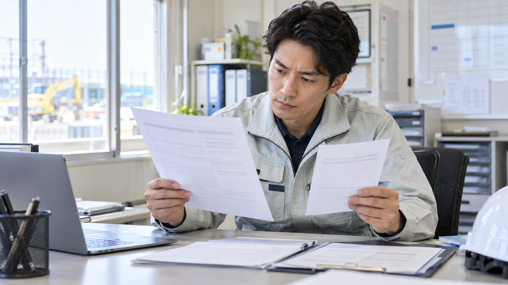 求人票と給与の資料を見比べる施工管理の男性