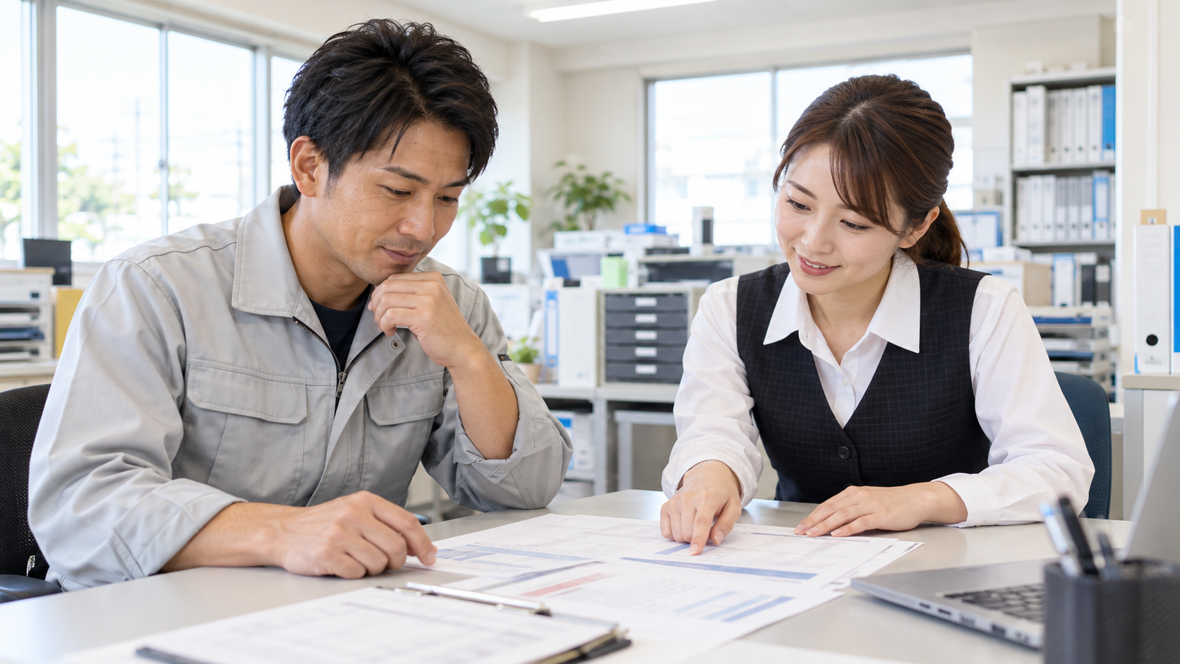 求人票と給与明細を確認するドライバーと事務スタッフ