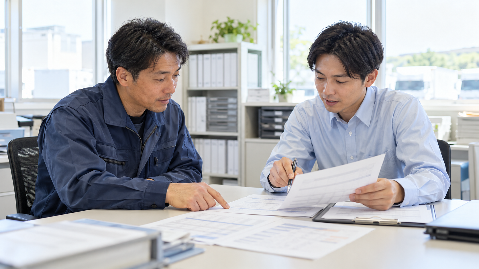 運送会社の事務所で給与条件を確認するドライバー