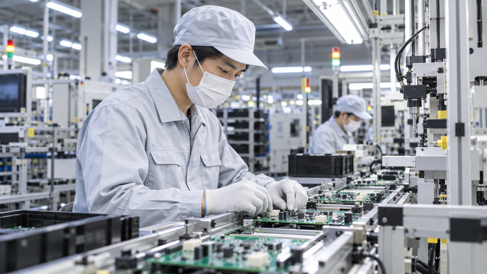 電子部品工場の生産ラインで夜勤の作業をする日本人作業員