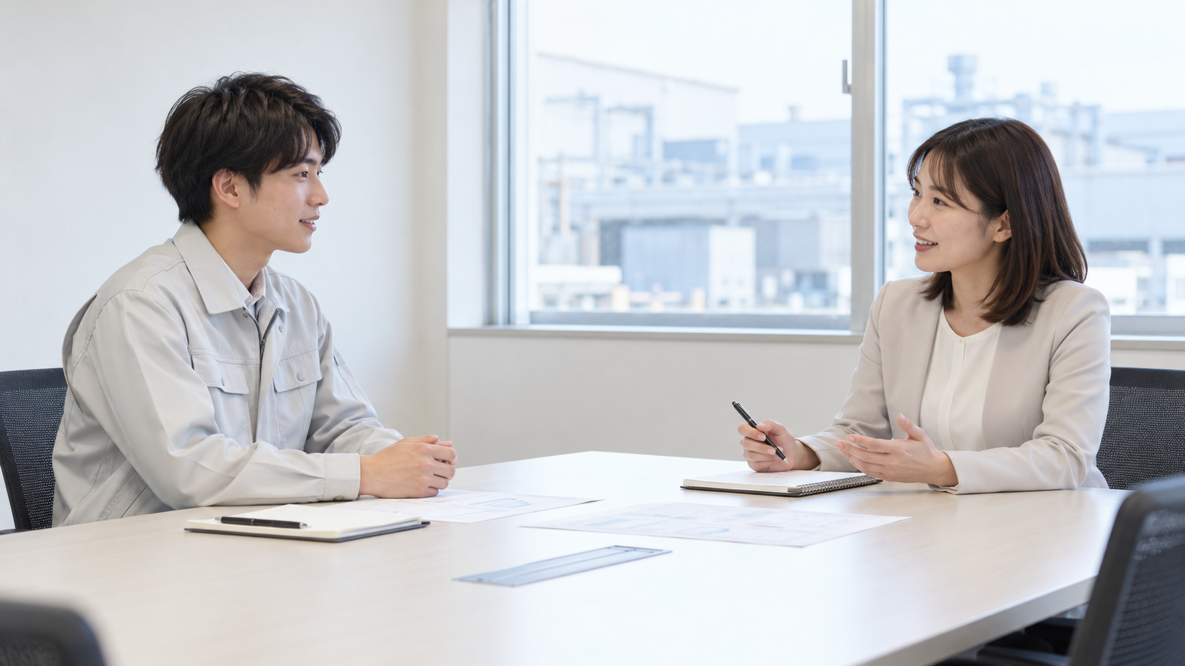 工場勤務の新卒が人事担当者と配属や退職について面談している様子