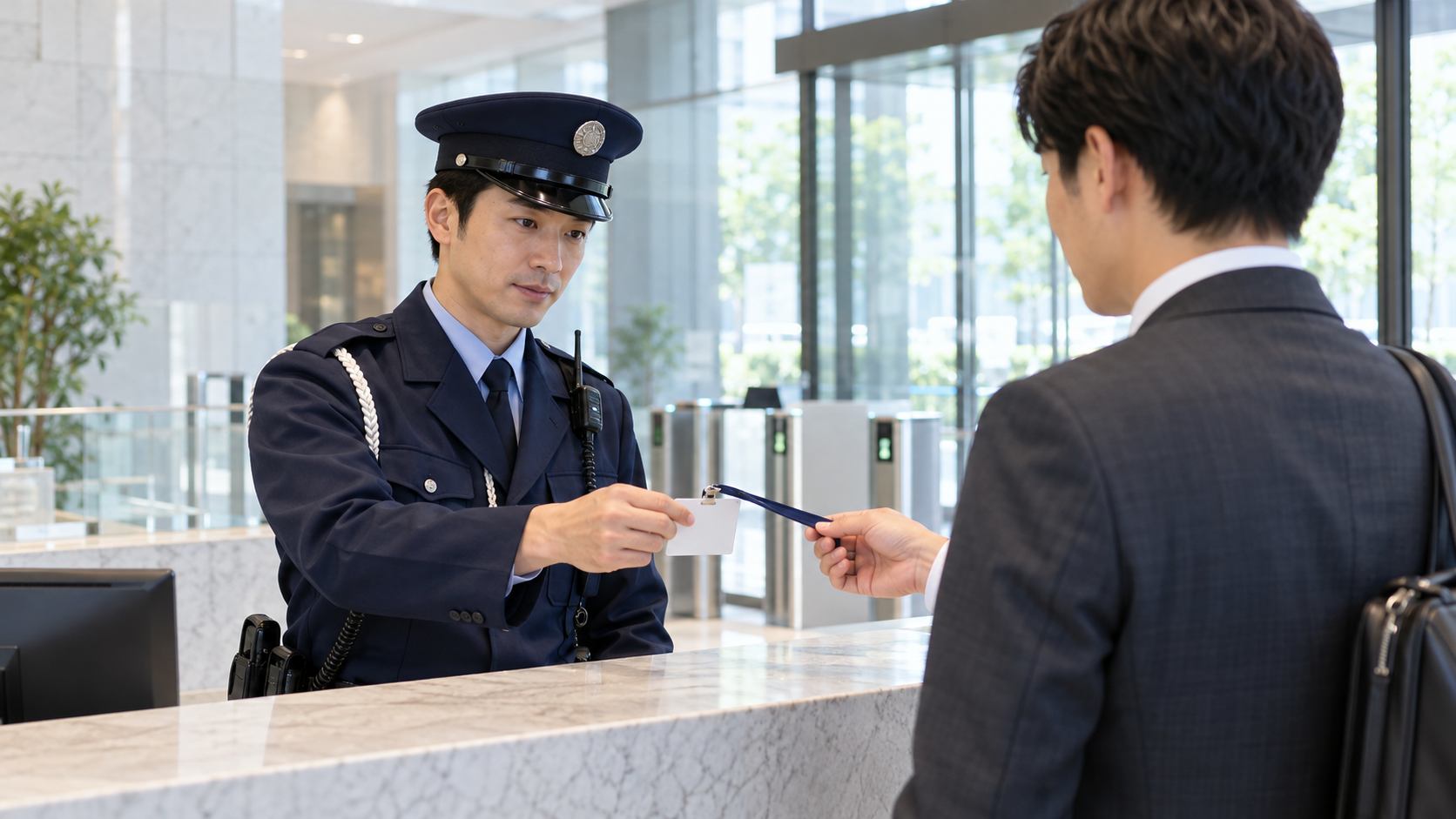 施設警備員が出入口で入館管理をしている様子