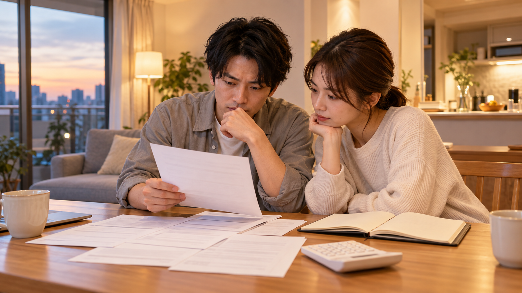 30歳の工場勤務者が自宅で家計簿と給与明細を見ながら転職の時期を考えている様子