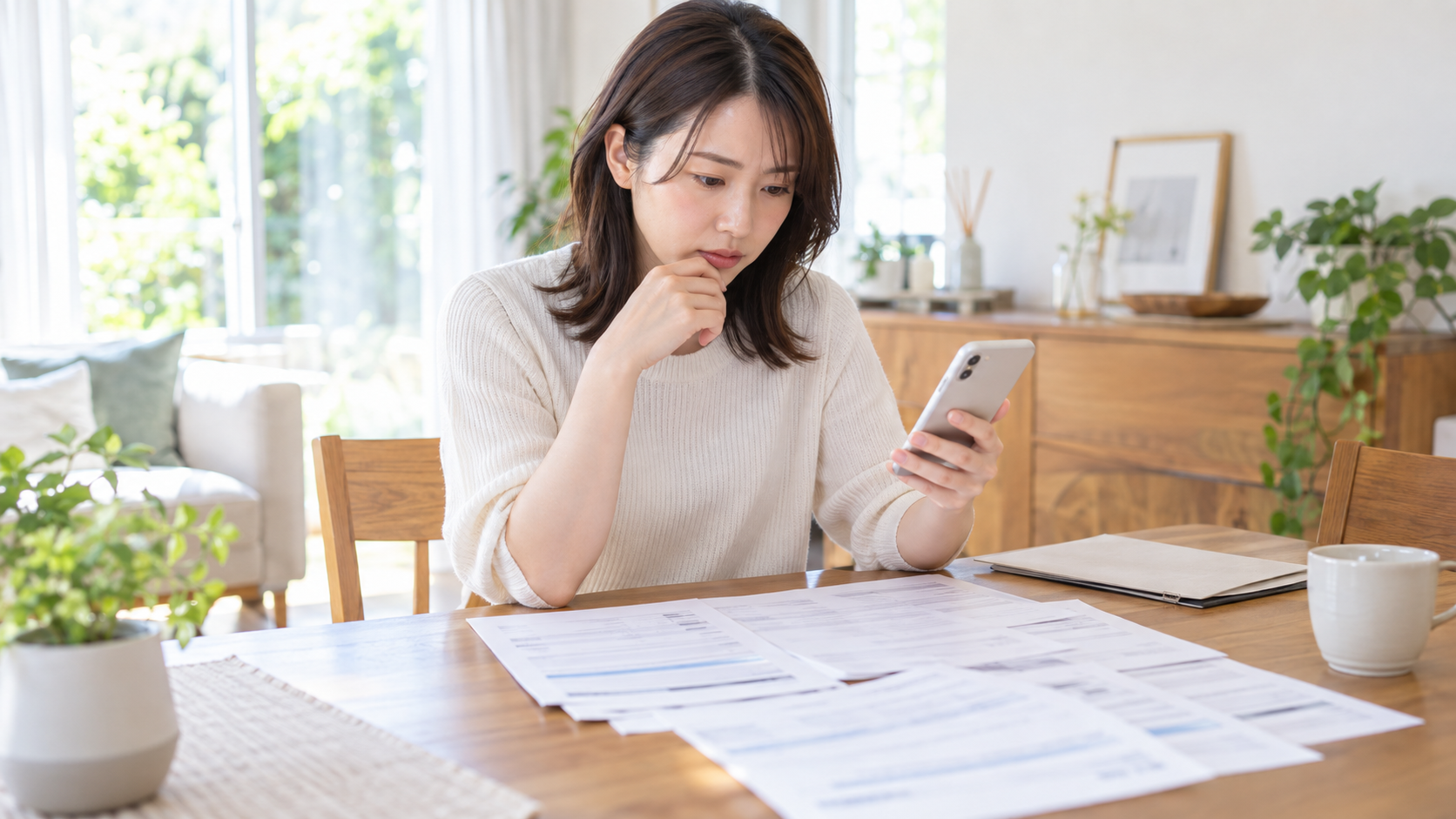 化粧品工場で働く女性が自宅で給与明細と雇用契約書を確認している様子