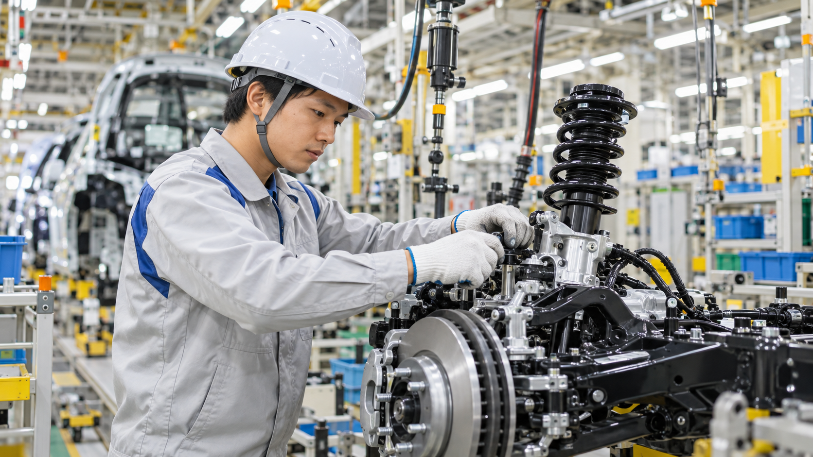 工場の製造ラインで働く期間工の男性