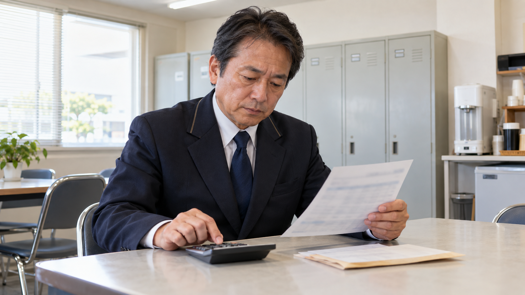 タクシー運転手が営業所で給与明細を確認している実写風画像