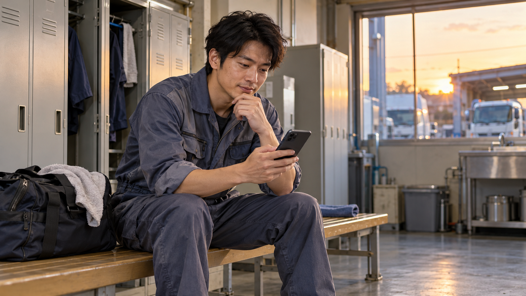 整備士が自宅でスマートフォンを見ながら転職先を探している実写風画像