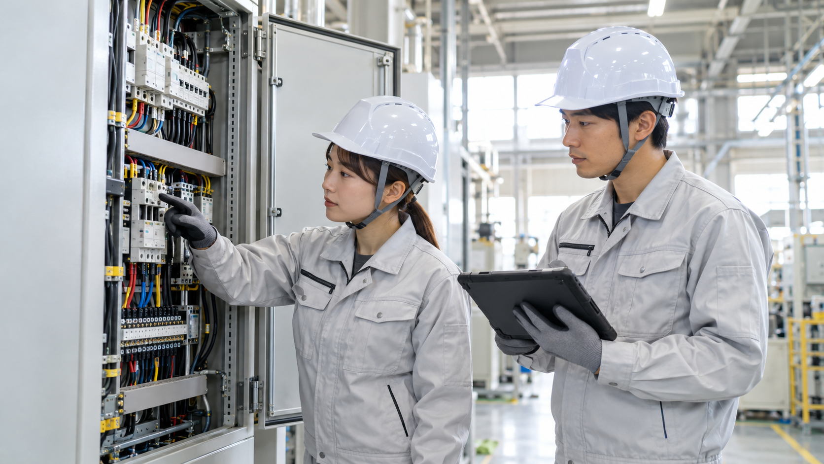 配電盤の点検をする電気工事士