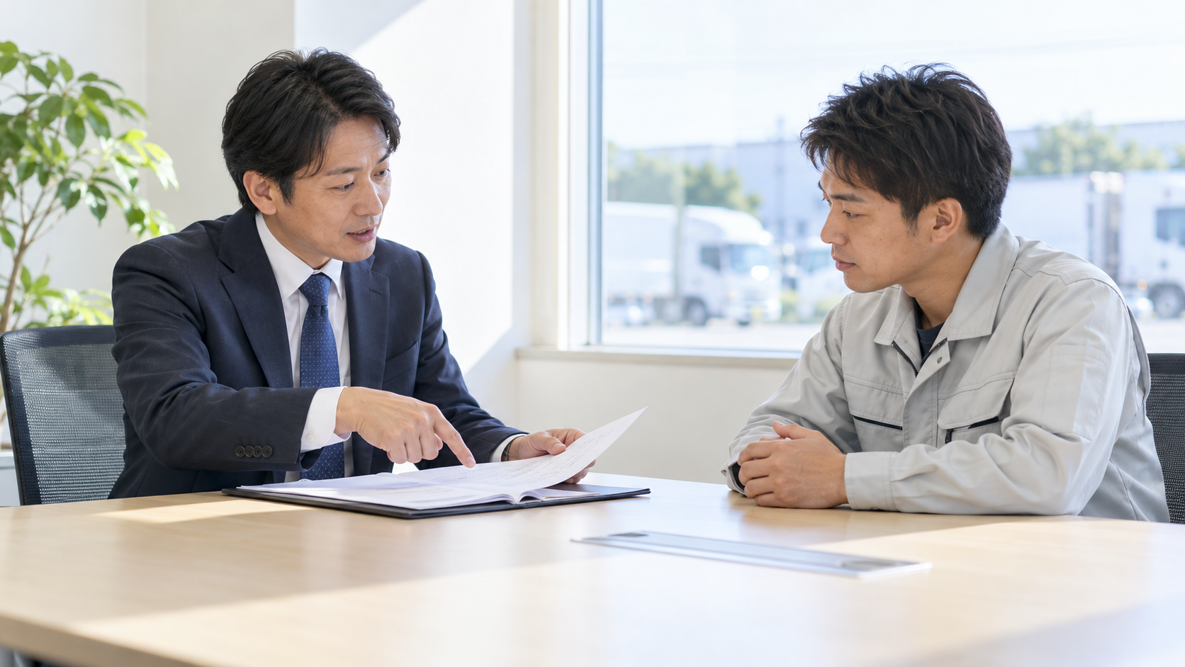 面接で労働条件の説明を受けるドライバー