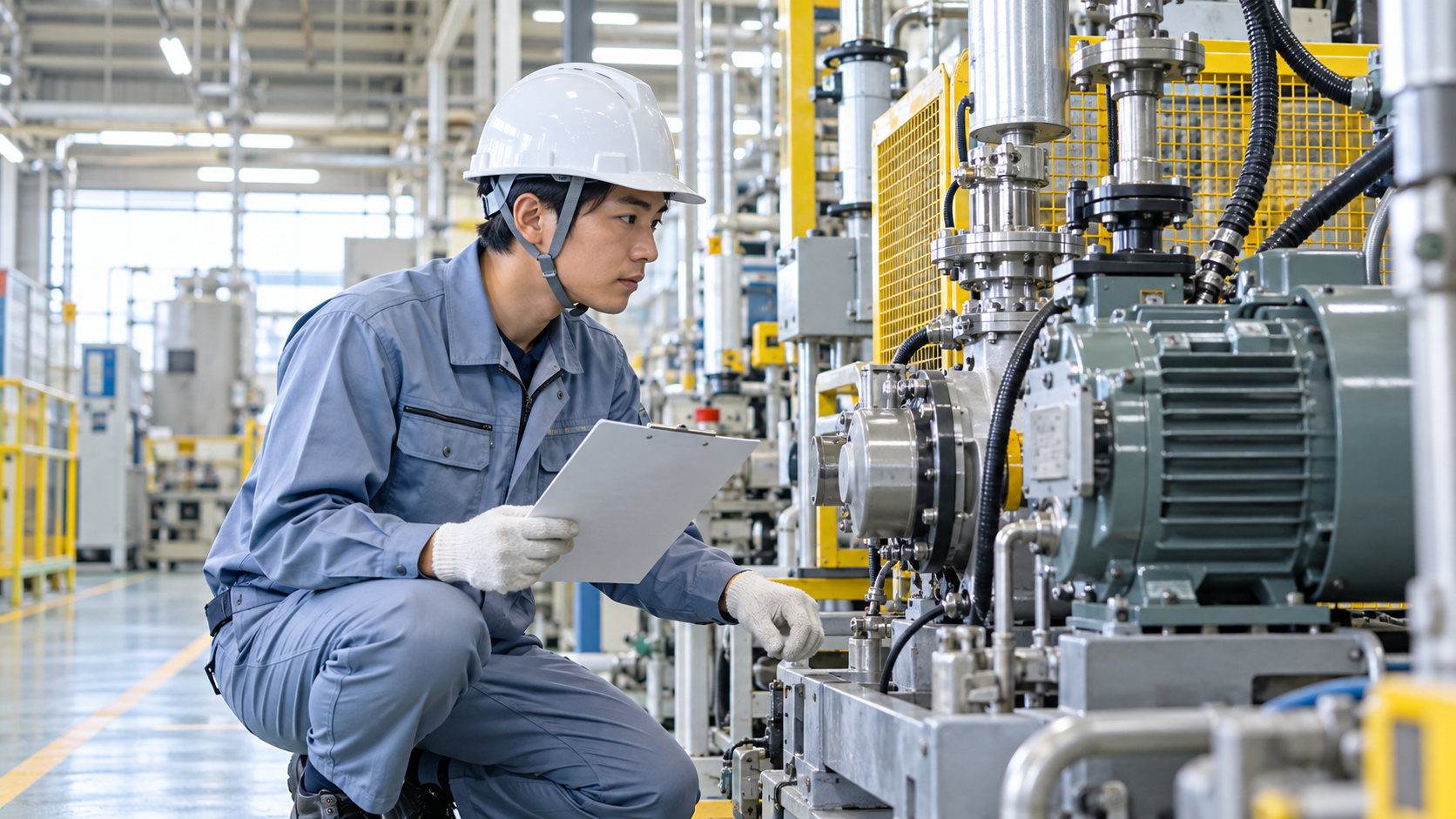 工場の機械を点検する設備保全の日本人作業員