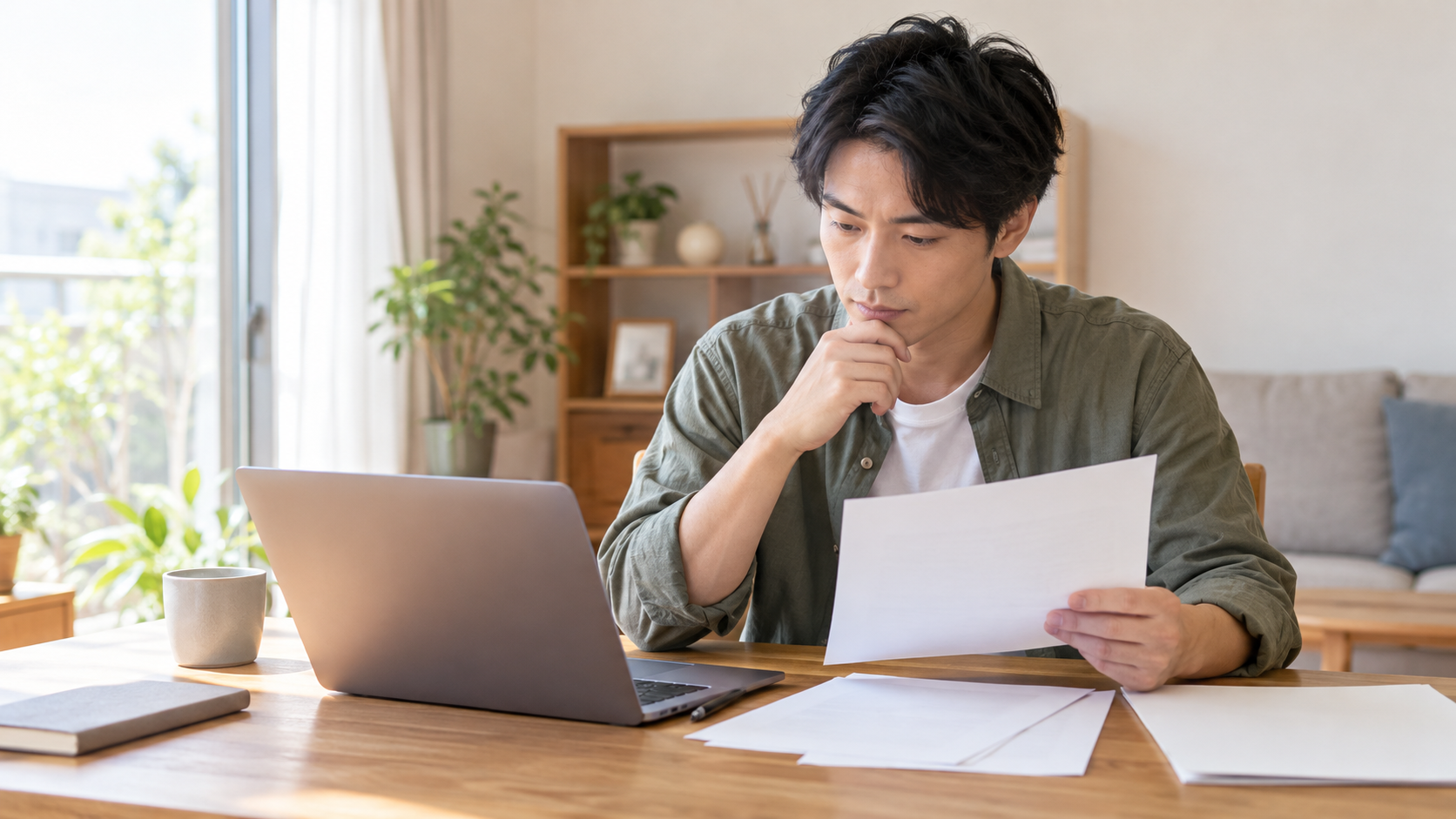 施工管理を目指す未経験の男性が資料を確認している様子