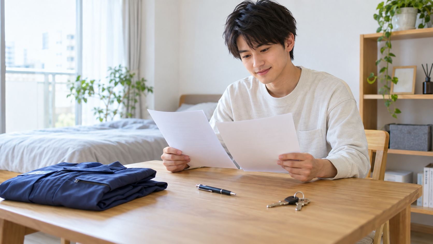 工場を退職する新卒が退職書類と寮の退去書類を確認している様子