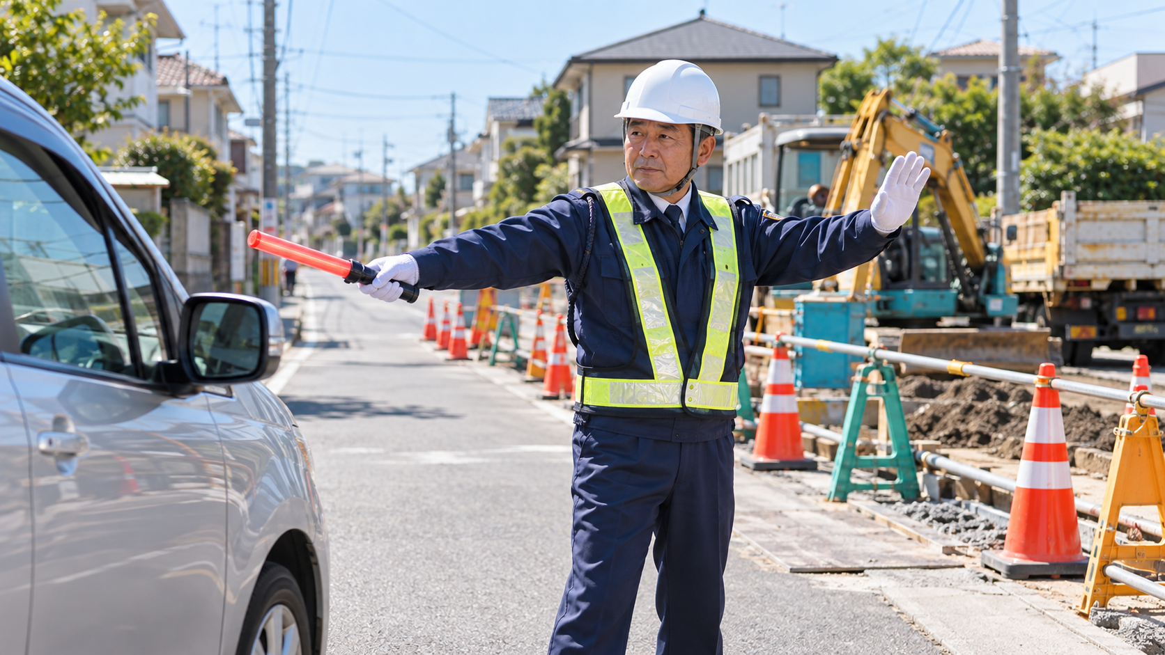 交通誘導警備員が工事現場で車両を誘導している様子
