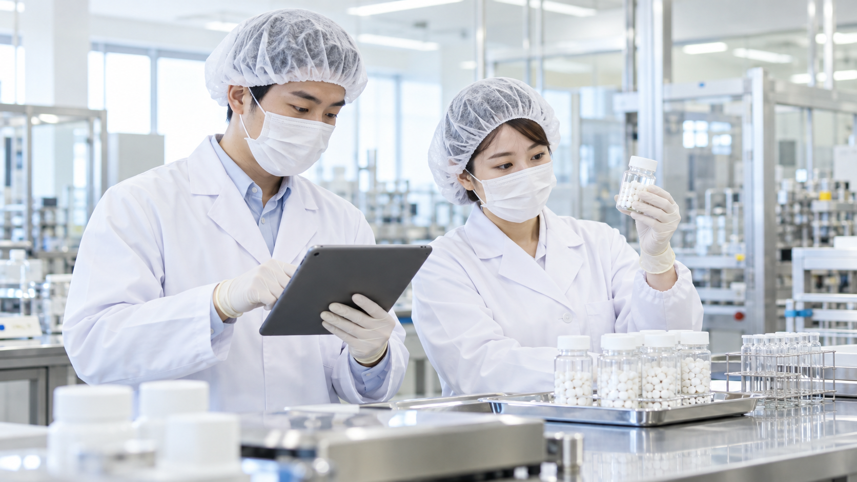 工場で品質を確認する日本人の製造スタッフ