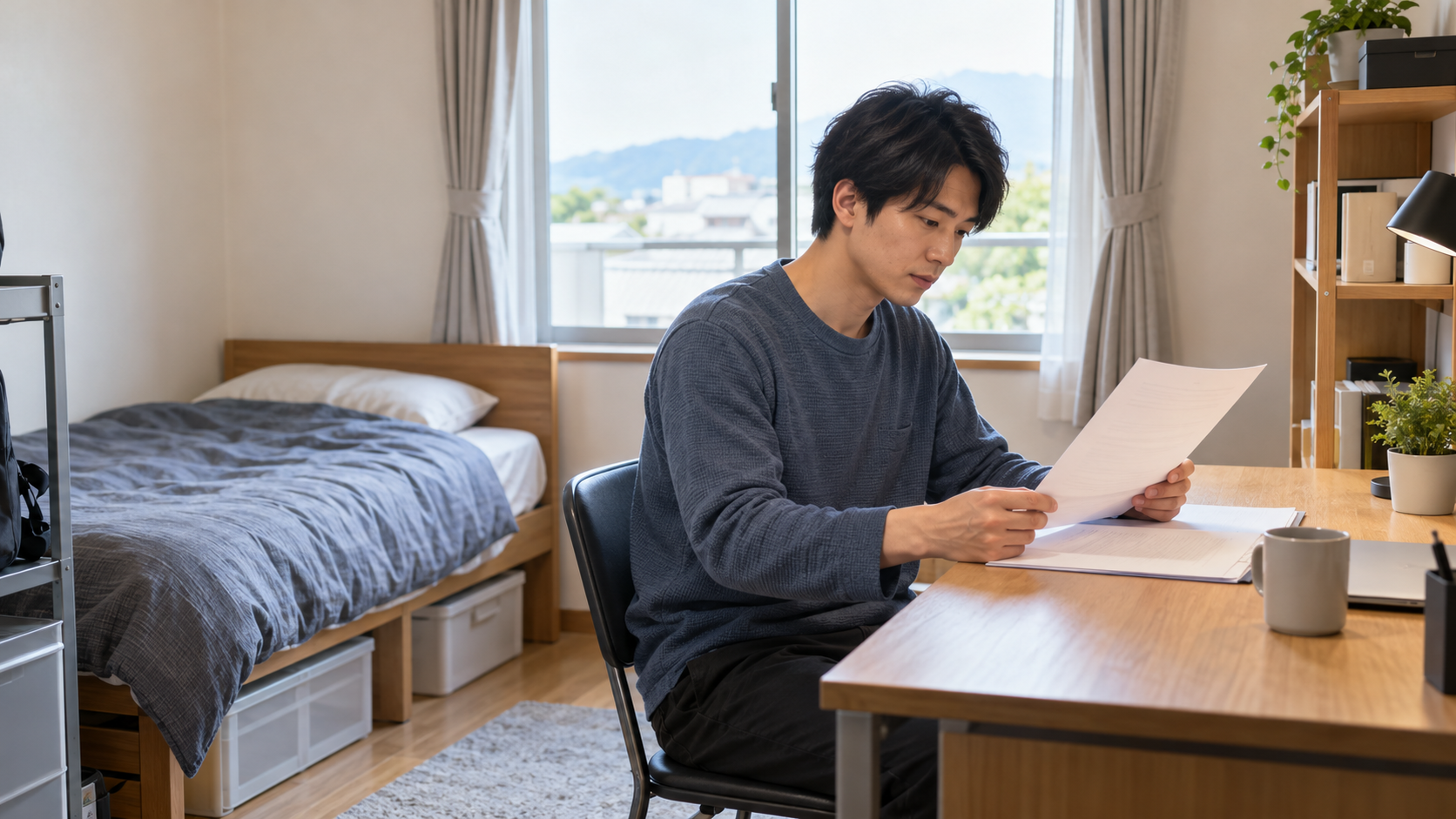 工場の寮の個室で求人情報を確認する男性