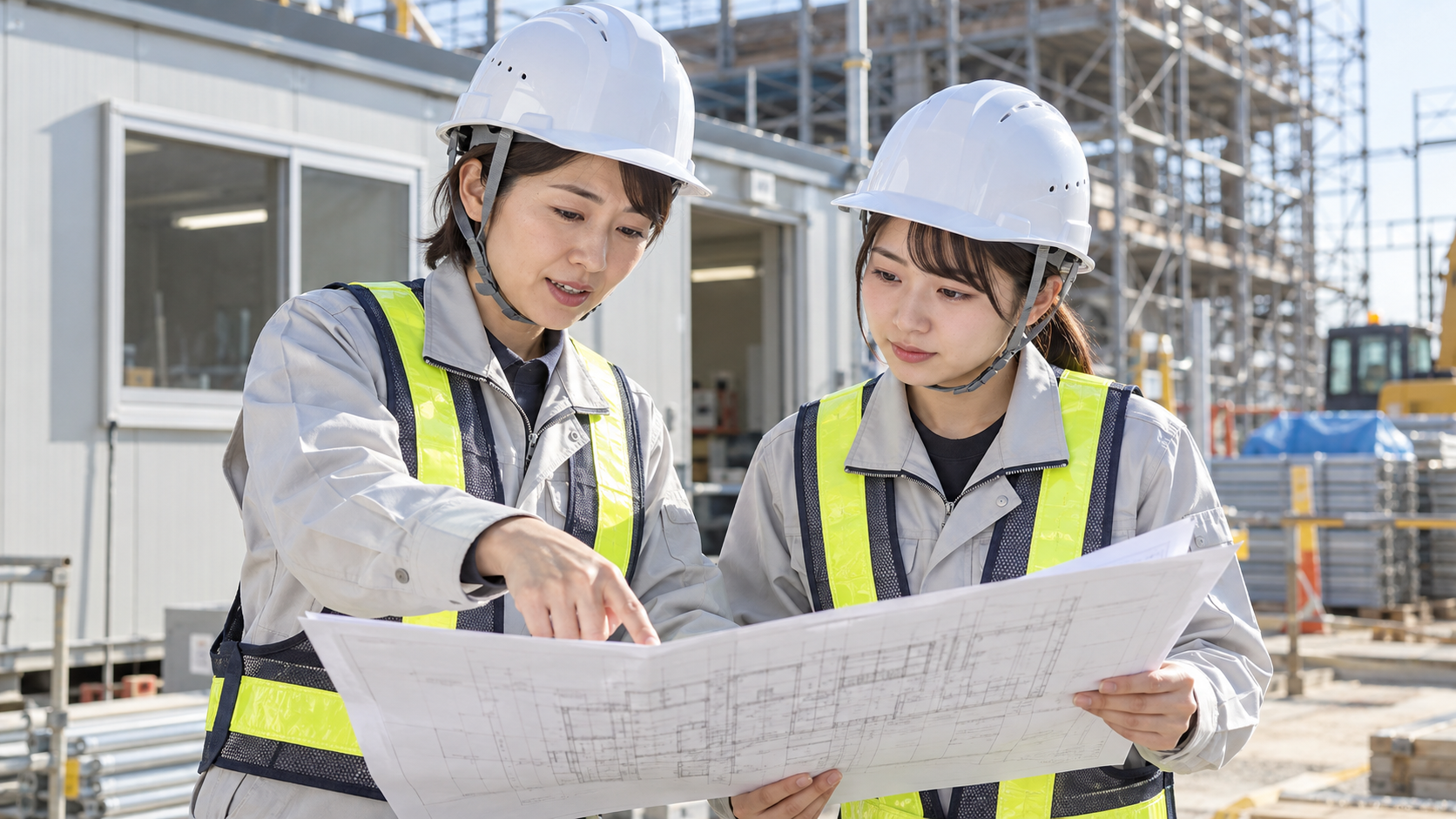 現場事務所で先輩の女性施工管理から説明を受ける未経験の女性のイメージ